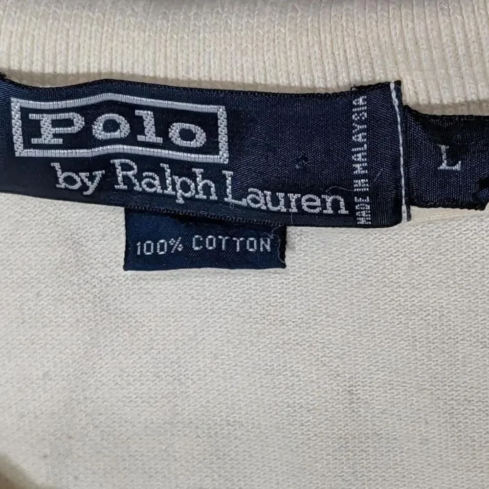 VTG Polo Ralph Lauren Men Large Cream Polo Shirt Cotton Short Sleeve Silver Pony
